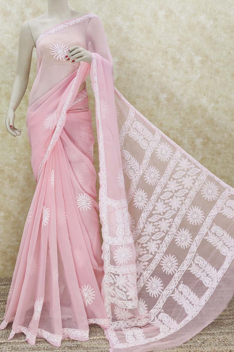 Peach Colour Designer Hand Embroidered Lucknowi Chikankari Saree ( With Blouse - Georgette ) MC251466